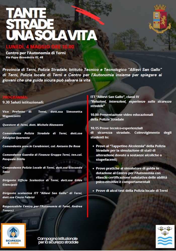 immagine notizia (ptn) Sicurezza stradale, parte la campagna “Tante Strade, una sola Vita”: il 4 maggio al Centro per l’Autonomia le prove al simulatore di guida e al tappetino alcolemia per gli studenti dell’ITT           +++ INVITO ALLA STAMPA +++